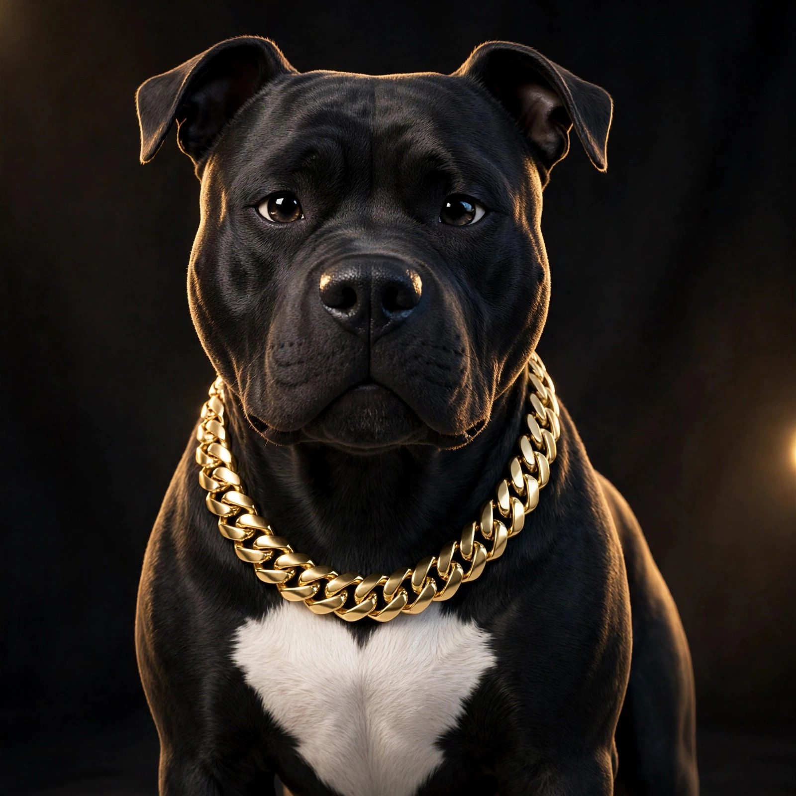 Chevy the pitbull wearing the polished gold Cuban link chain