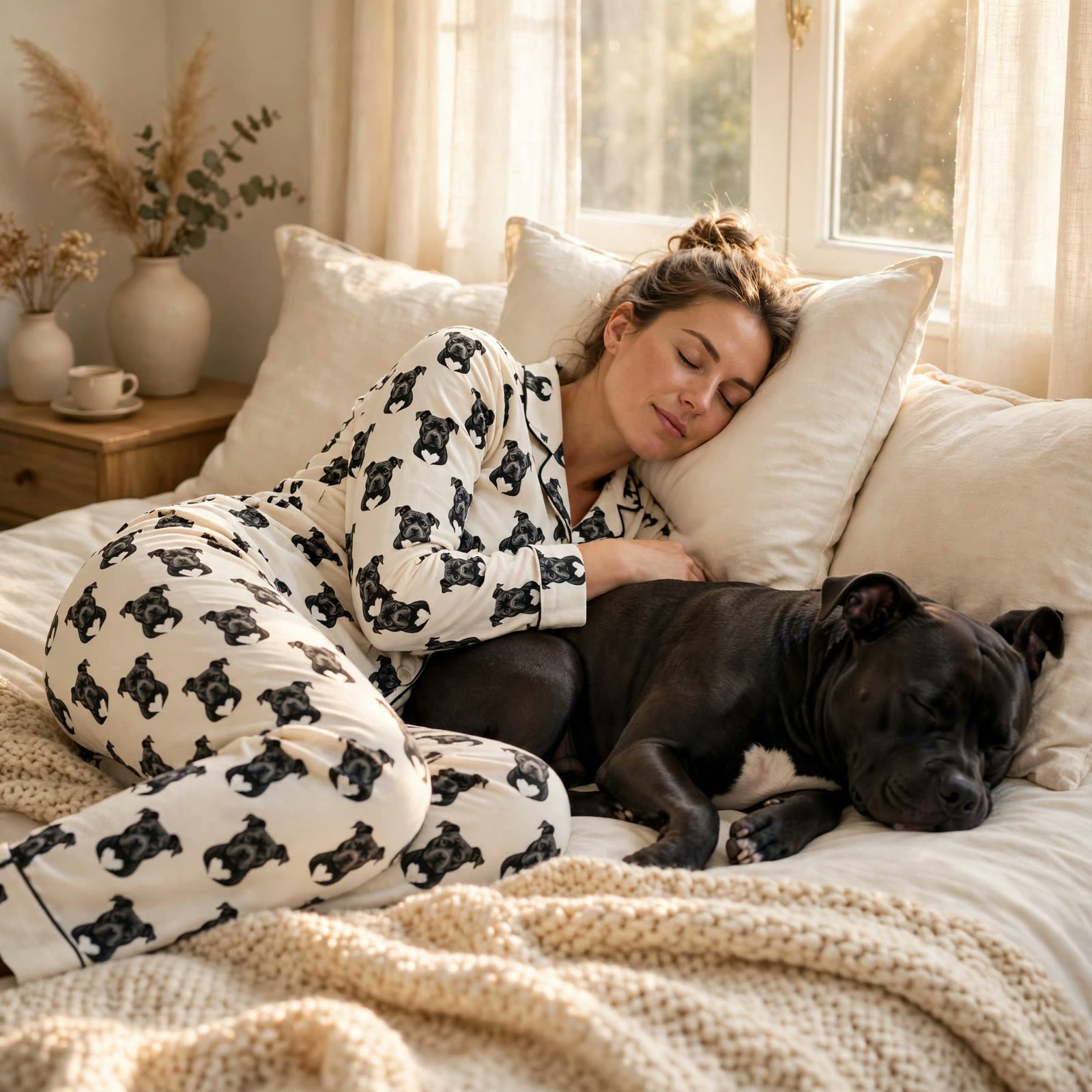 Person relaxing in pajamas covered in a black pitbull face pattern, with a black pitbull sleeping beside them