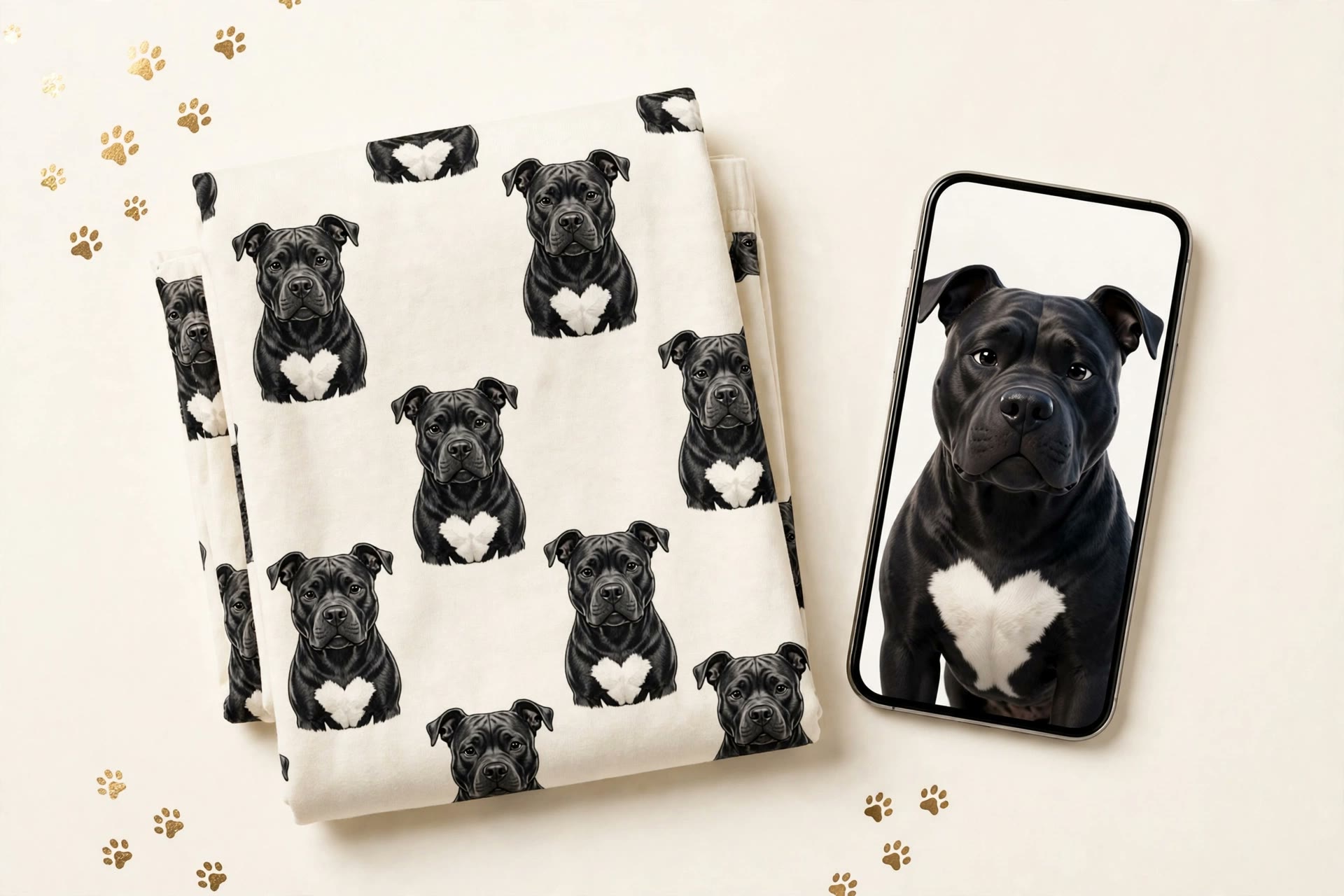 Folded pajamas printed with a pitbull face pattern next to a phone showing the pet's photo